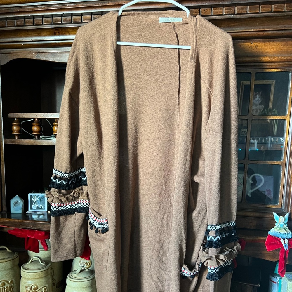 Elegant Brown Cardigan with Embellished Sleeves